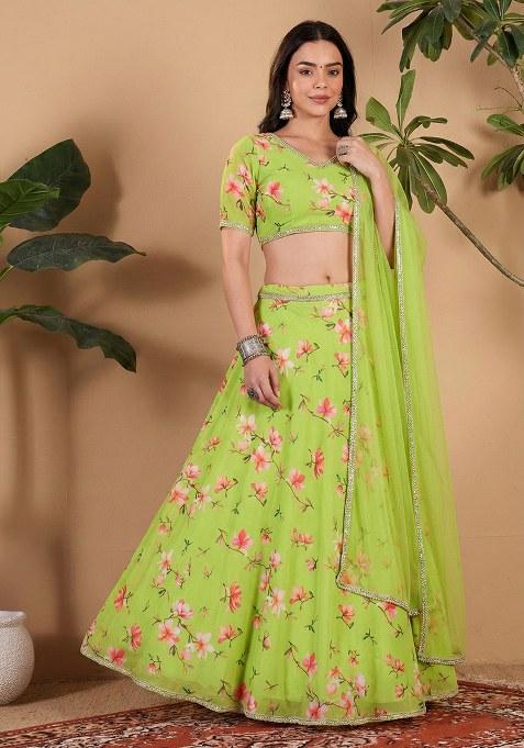 Parrot Green Floral Print Georgette Lehenga Set