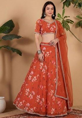 Brunt Orange Floral Print Georgette Lehenga Set