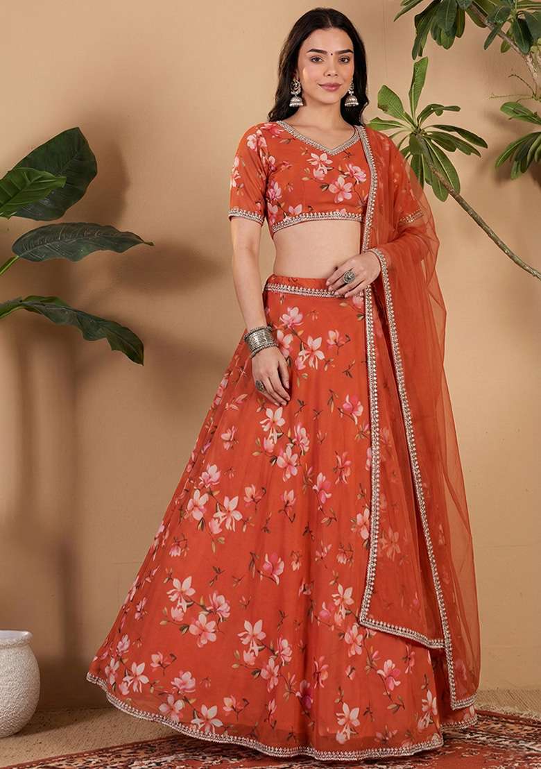 Brunt Orange Georgette Lehenga Set with Floral Print for Diwali | Wedding & Festive Wear - Indya