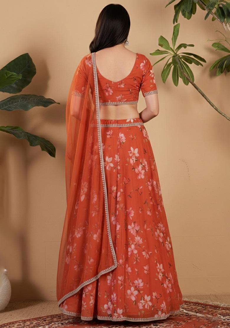 Brunt Orange Floral Print Georgette Lehenga Set - Indya