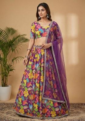 Purple Floral Print Georgette Lehenga Set