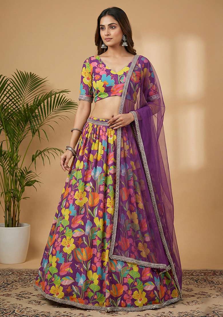 Purple Georgette Lehenga Set with Floral Print for Diwali | Wedding & Festive Wear - Indya