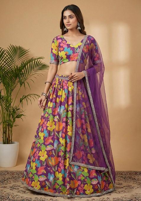 Purple Floral Print Georgette Lehenga Set