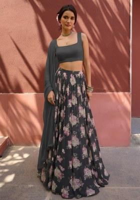 Grey Floral Print Georgette Lehenga Set