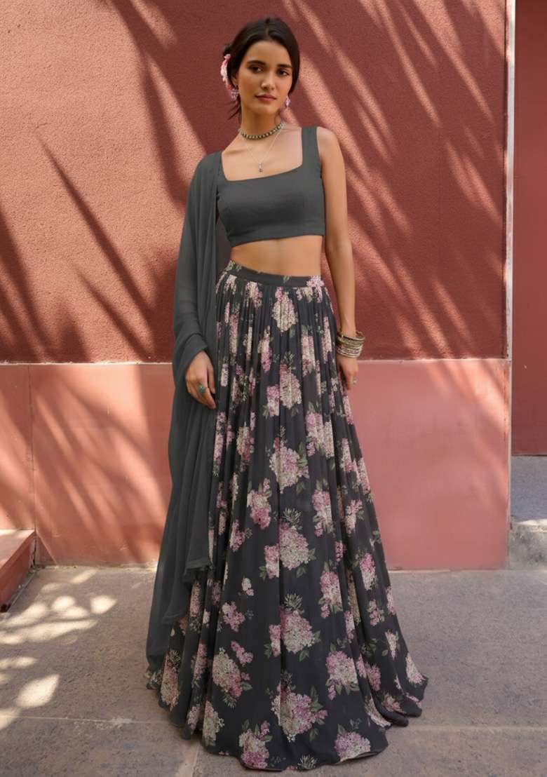 Grey Floral Print Georgette Lehenga Set - Indya