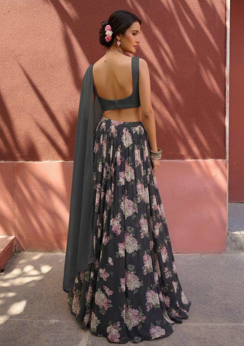 Grey Floral Print Georgette Lehenga Set - Indya