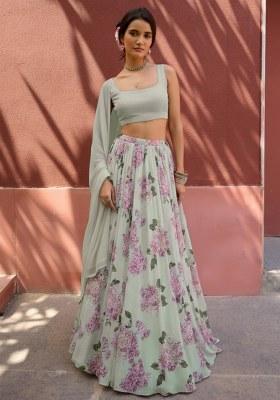 Mint Green Floral Print Georgette Lehenga Set