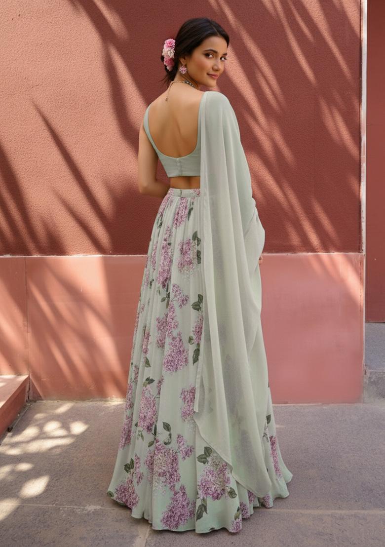 Mint Green Floral Print Georgette Lehenga Set - Indya