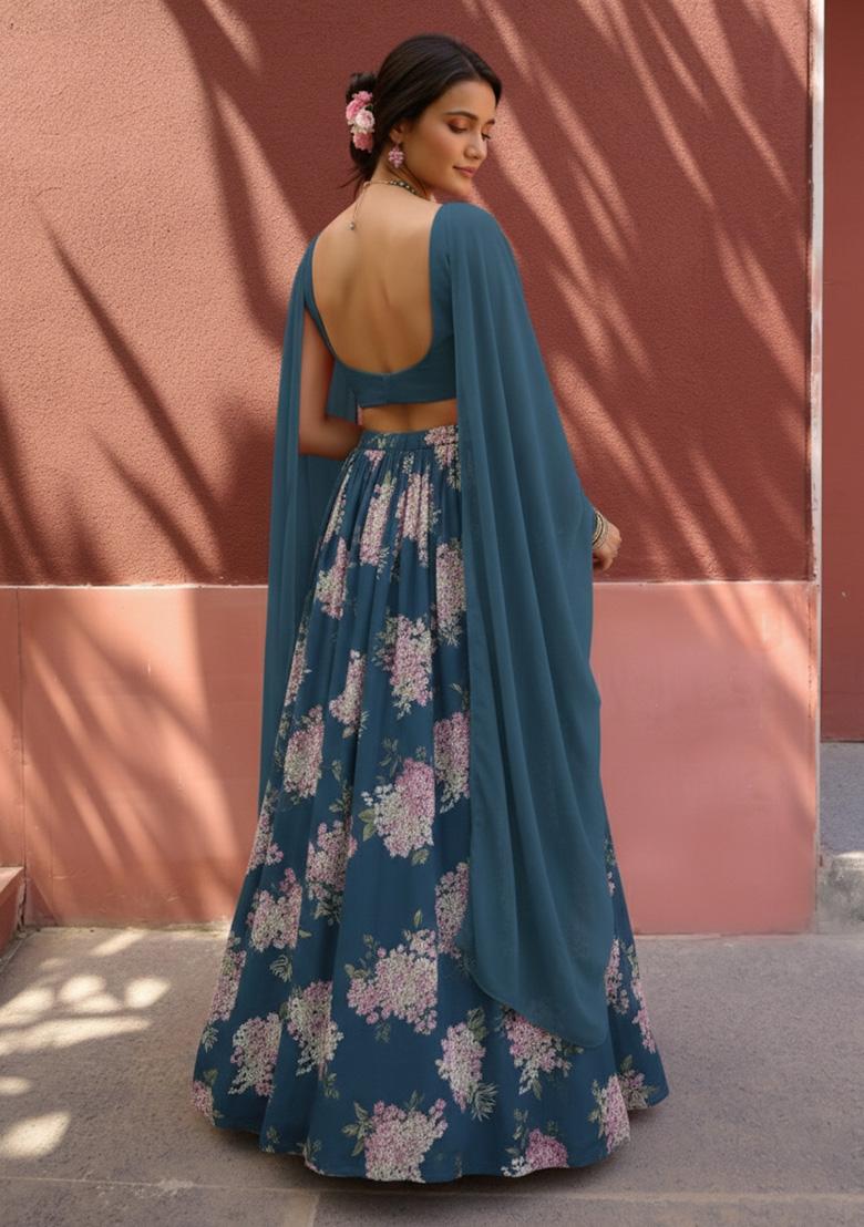 Deep Teal Blue Floral Print Georgette Lehenga Set - Indya