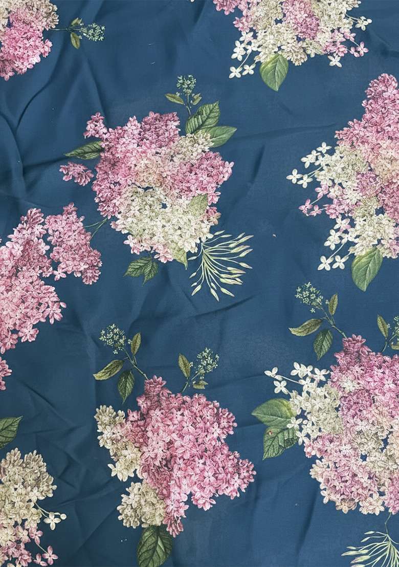 Deep Teal Blue Floral Print Georgette Lehenga Set - Indya