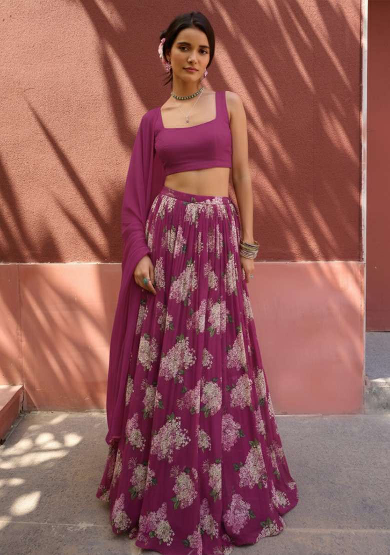 Rani Pink Floral Print Georgette Lehenga Set - Indya