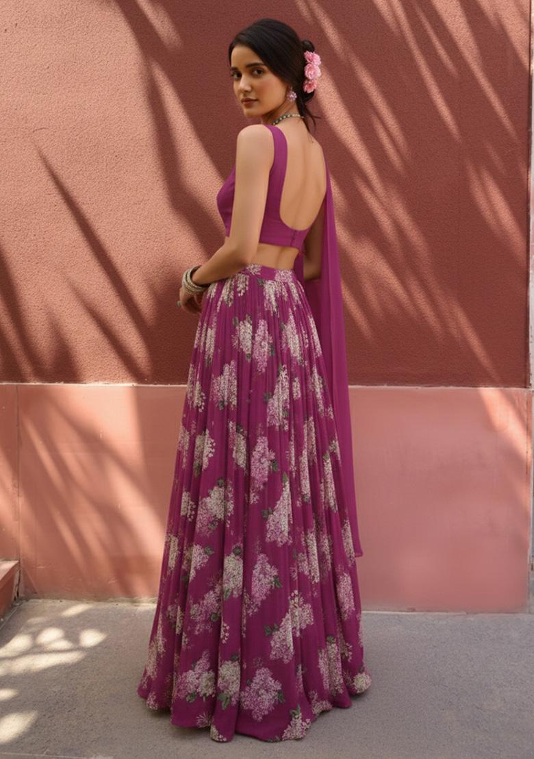 Rani Pink Floral Print Georgette Lehenga Set - Indya