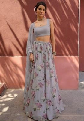 Mist Grey Floral Print Georgette Lehenga Set