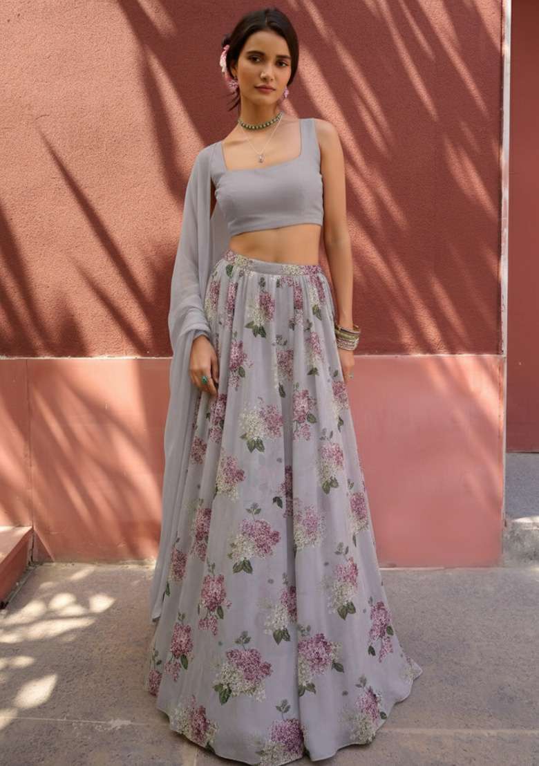 Mist Grey Floral Print Georgette Lehenga Set - Indya