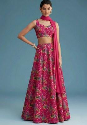 Rani Pink Floral Print Crepe Lehenga Set