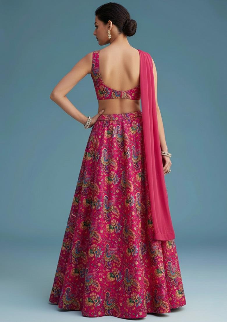 Rani Pink Floral Print Crepe Lehenga Set - Indya