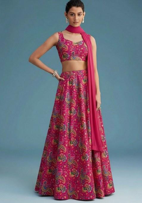 Rani Pink Floral Print Crepe Lehenga Set