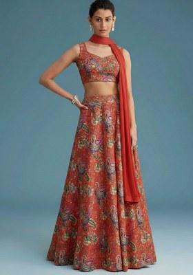 Rust Floral Print Crepe Lehenga Set