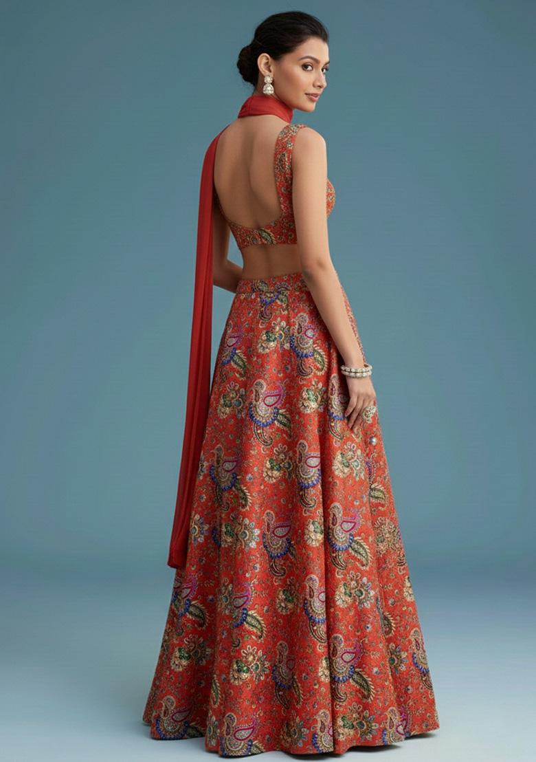 Rust Floral Print Crepe Lehenga Set - Indya