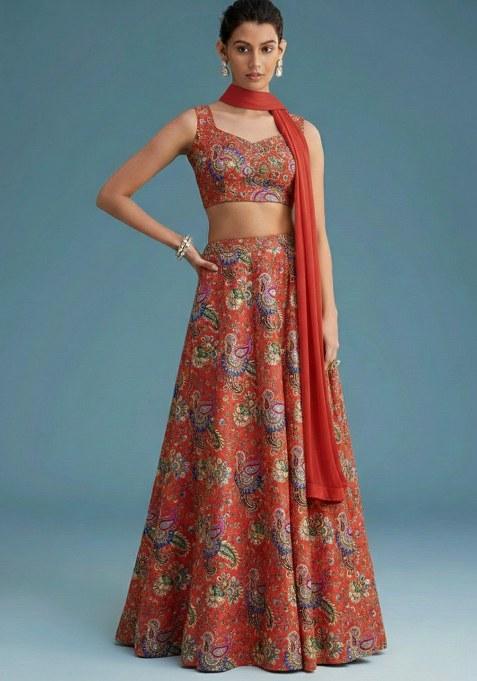 Rust Floral Print Crepe Lehenga Set