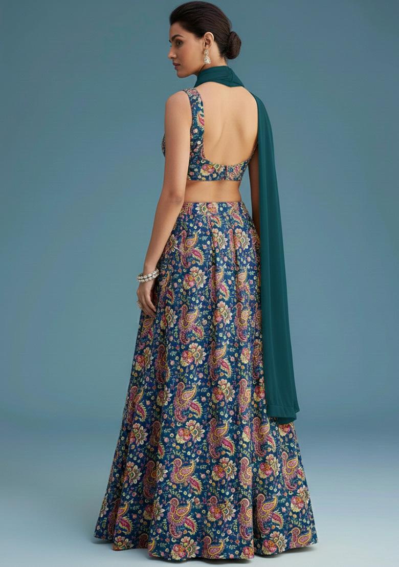 Royal Blue Floral Print Crepe Lehenga Set - Indya