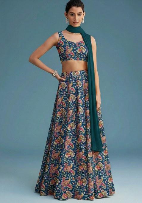Royal Blue Floral Print Crepe Lehenga Set