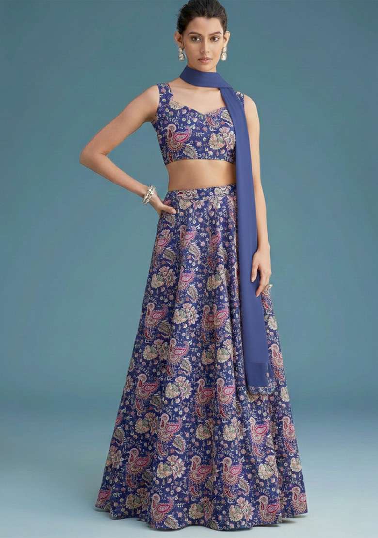 Navy Blue Floral Print Crepe Lehenga Set - Indya
