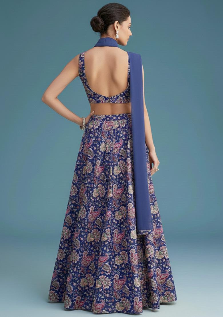 Navy Blue Floral Print Crepe Lehenga Set - Indya