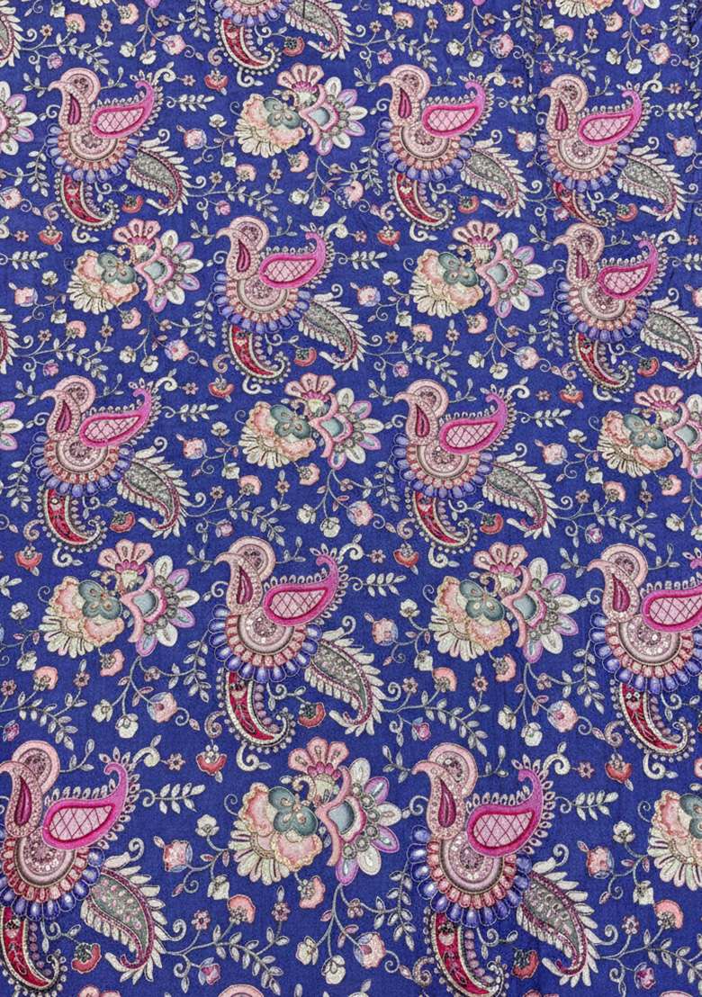 Navy Blue Floral Print Crepe Lehenga Set - Indya