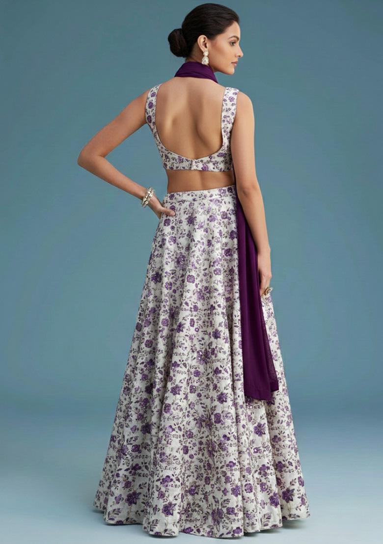 Ivory Floral Print Crepe Lehenga Set - Indya