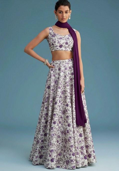 Ivory Floral Print Crepe Lehenga Set