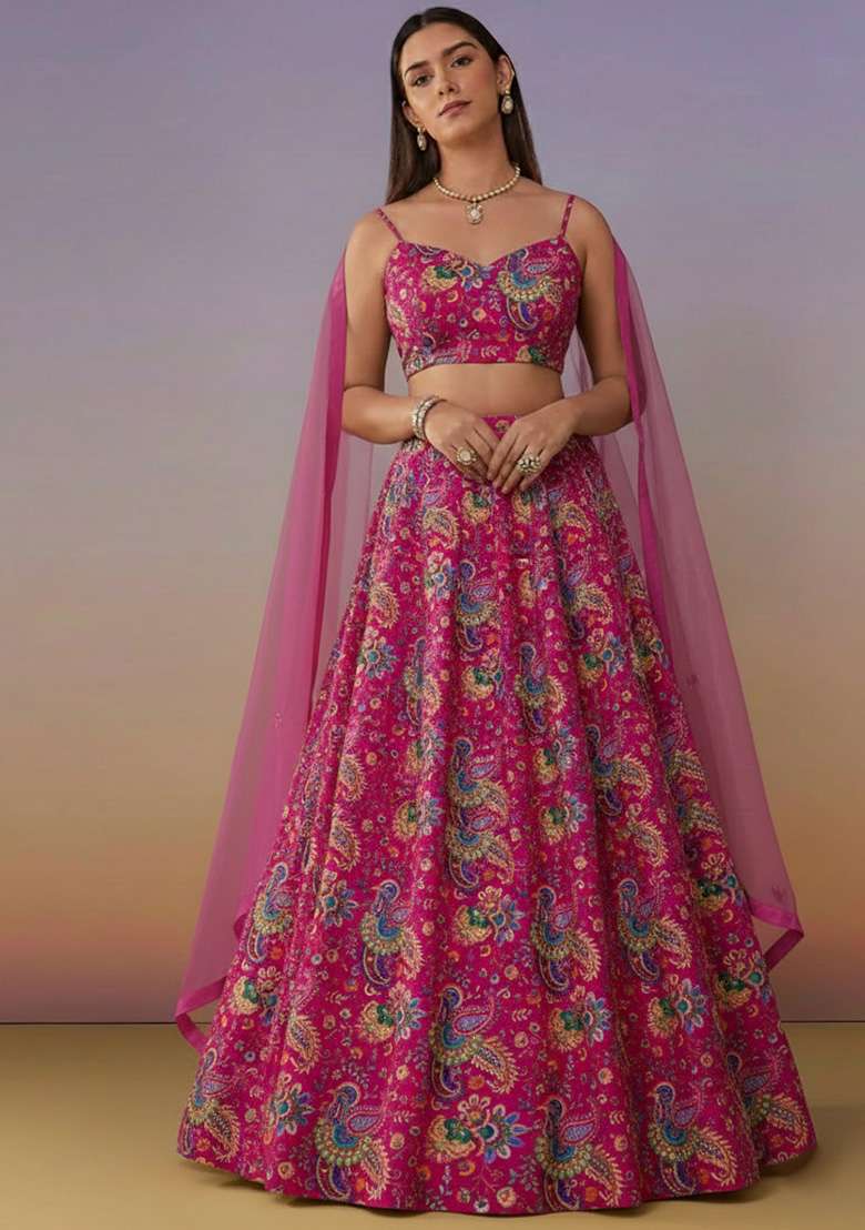 Rani Pink Floral Print Crepe Lehenga Set for Diwali and Festive Wear - Indya