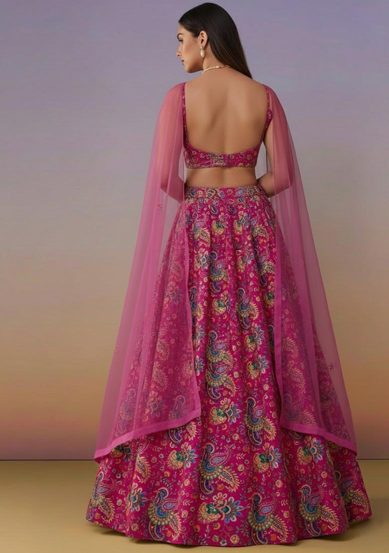 Rani Pink Floral Print Crepe Lehenga Set - Indya