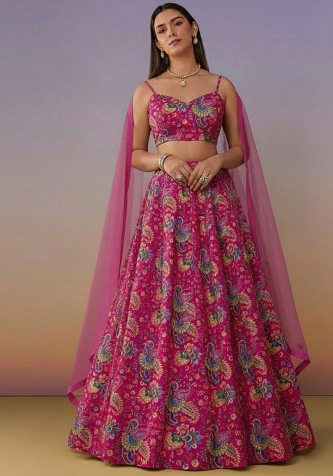 Rani Pink Floral Print Crepe Lehenga Set