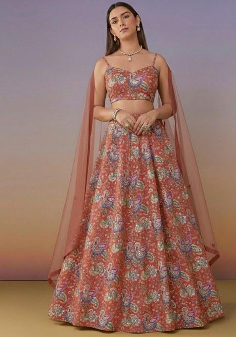 Rust Floral Print Crepe Lehenga Set