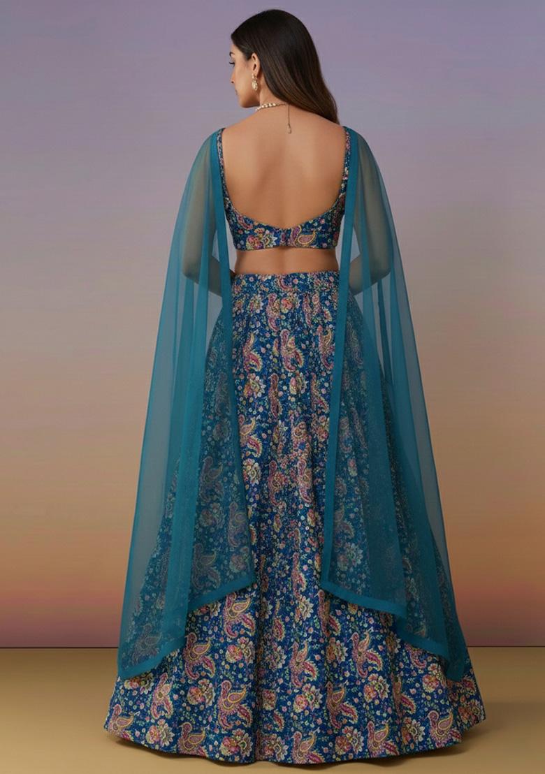 Teal Blue Floral Print Crepe Lehenga Set - Indya