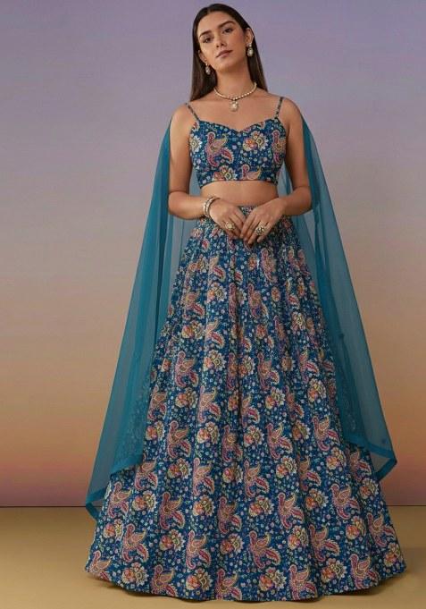 Teal Blue Floral Print Crepe Lehenga Set