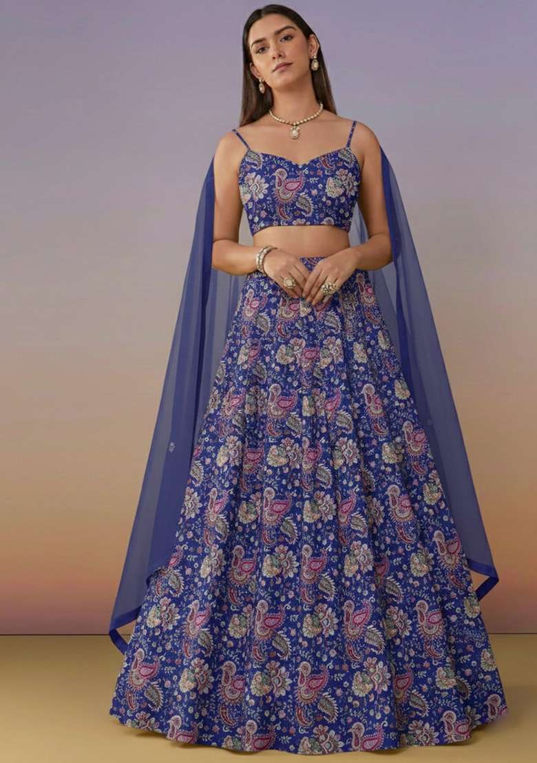 Navy Blue Floral Print Crepe Lehenga Set - Indya
