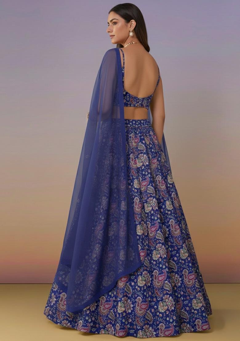 Navy Blue Floral Print Crepe Lehenga Set - Indya