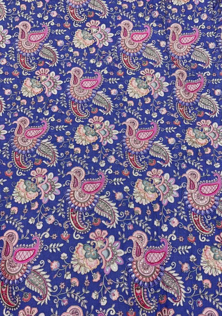 Navy Blue Floral Print Crepe Lehenga Set - Indya