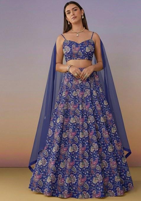 Navy Blue Floral Print Crepe Lehenga Set