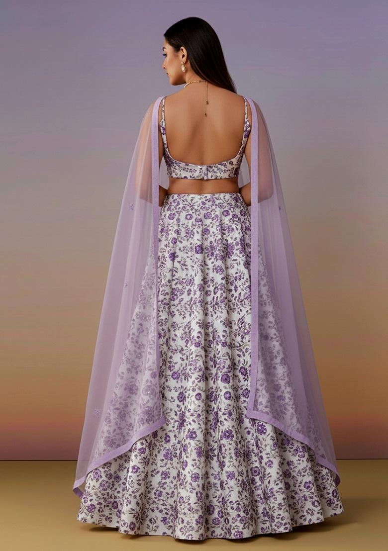 Ivory Floral Print Crepe Lehenga Set - Indya
