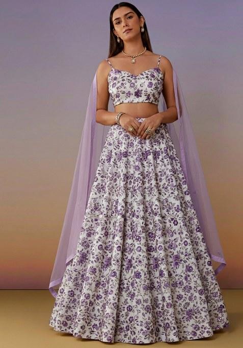 Ivory Floral Print Crepe Lehenga Set