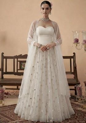 Off White Embroidered Crepe Lehenga Set