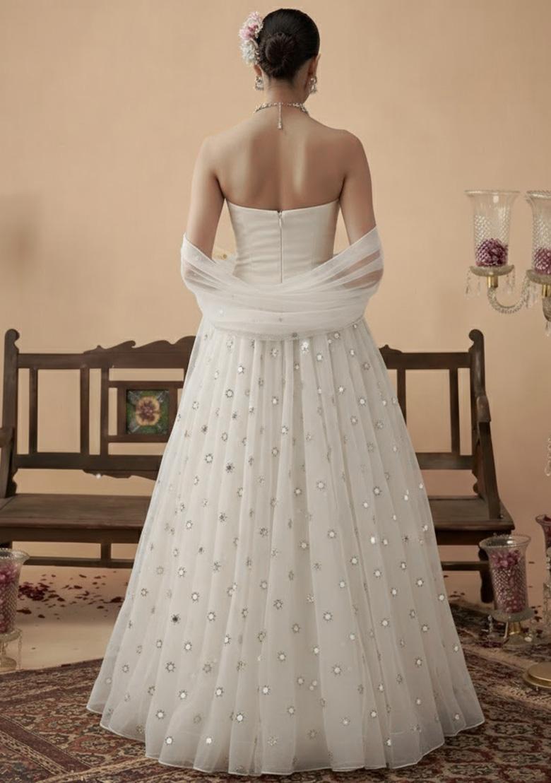 Off White Embroidered Crepe Lehenga Set - Indya