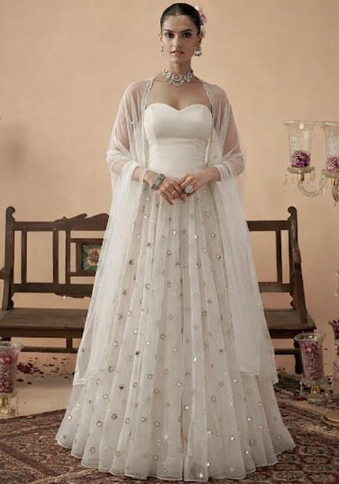 Off White Embroidered Crepe Lehenga Set
