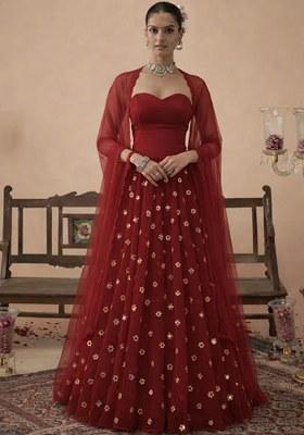 Deep Red Embroidered Crepe Lehenga Set
