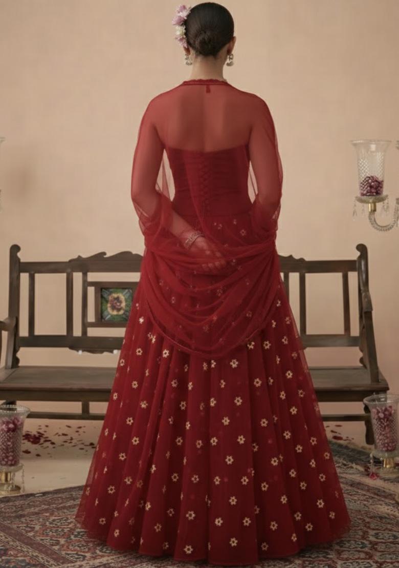Deep Red Embroidered Crepe Lehenga Set - Indya