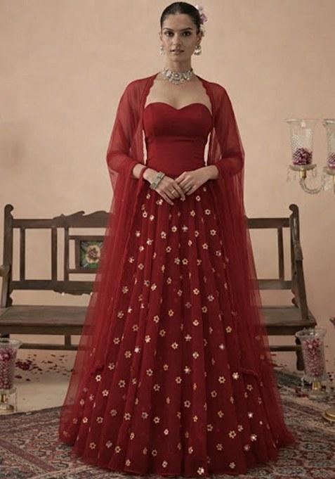 Deep Red Embroidered Crepe Lehenga Set
