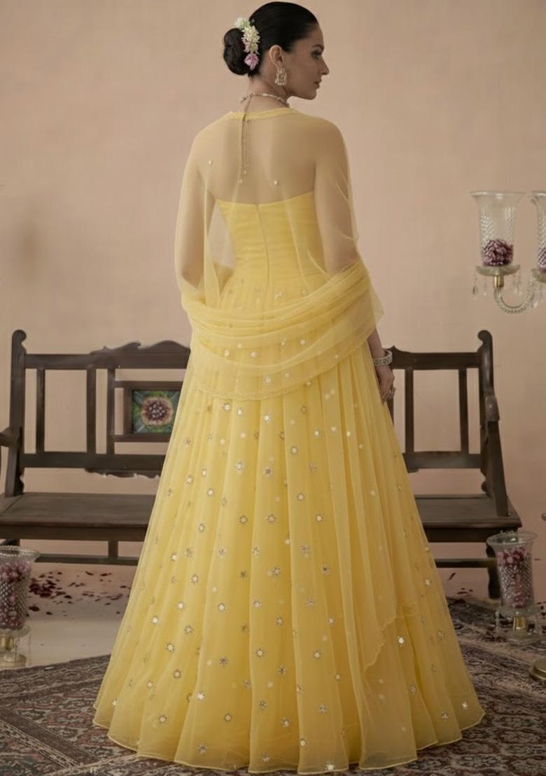 Light Yellow Embroidered Crepe Lehenga Set - Indya
